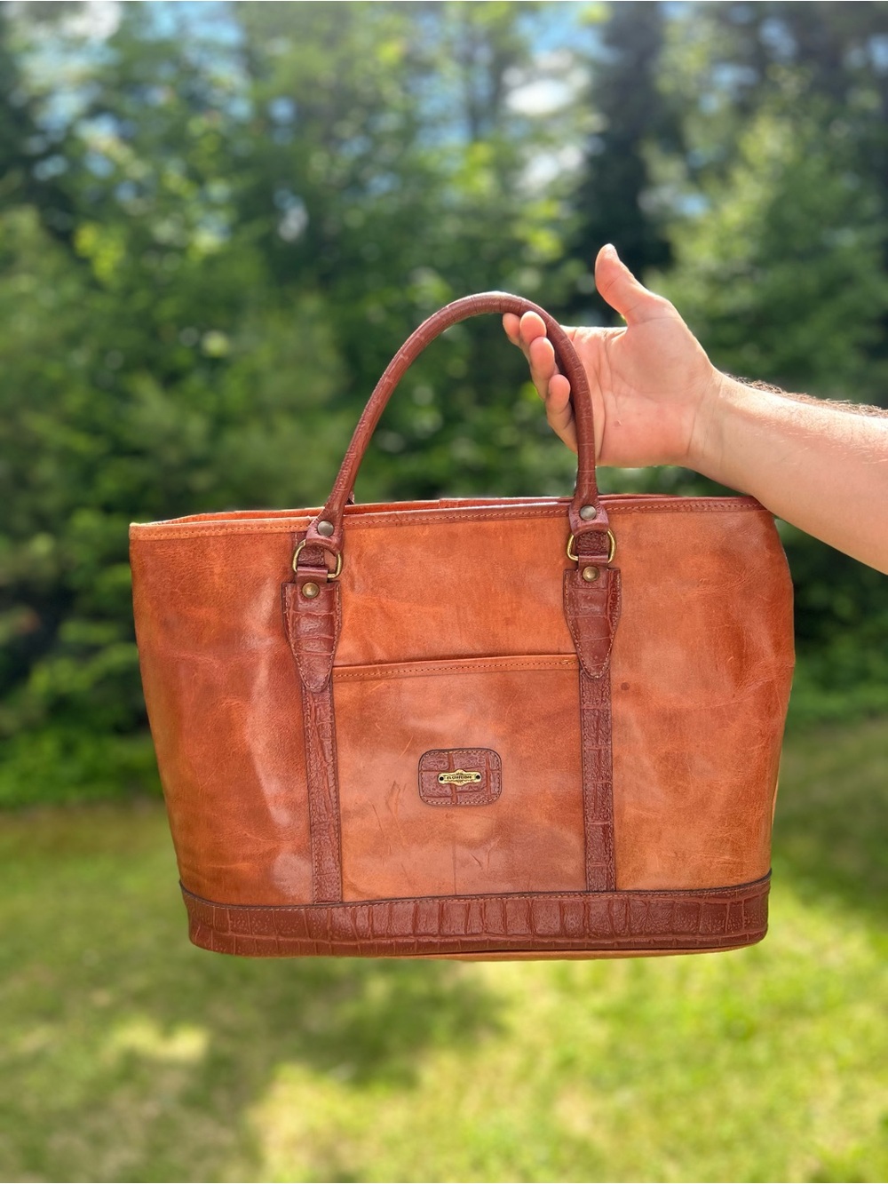 Premium Leather Travel Tote Bag in Cognac Brown